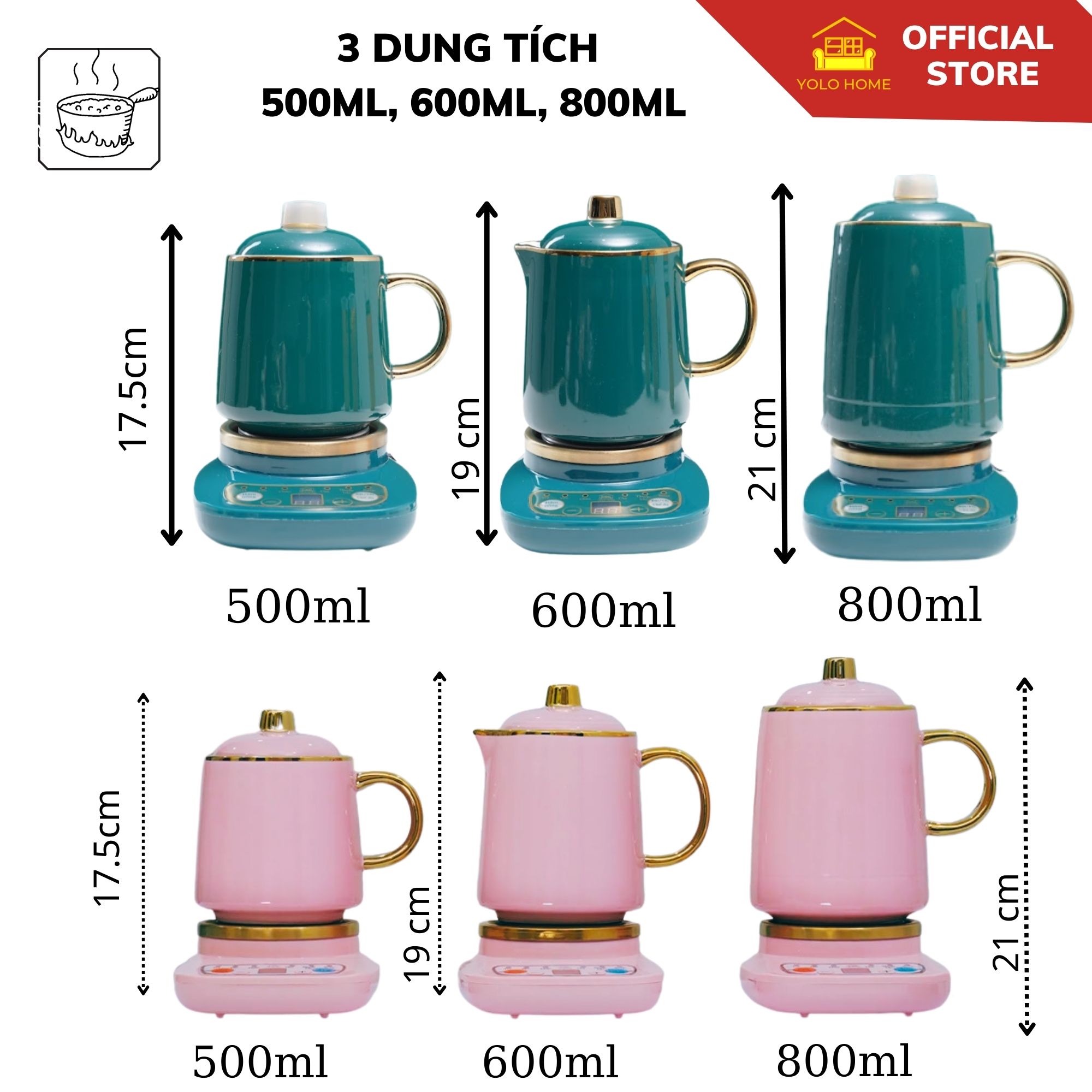 Ba dung tích cốc chưng yến: 500ml, 600ml, 800ml — hai màu xanh và hồng