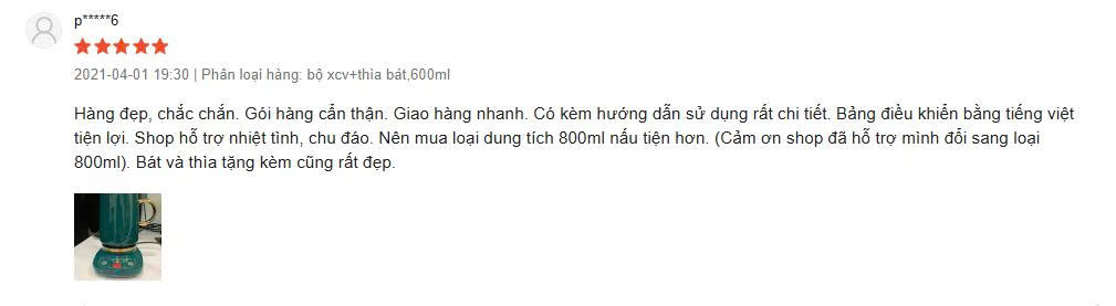 Đánh giá 5 sao: khuyên nên mua loại 800ml nấu tiện hơn