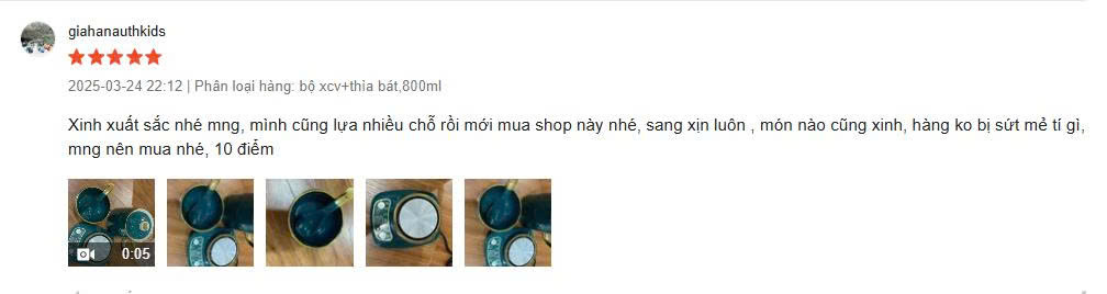 Đánh giá 5 sao: lựa nhiều chỗ mới mua, hàng không sứt mẻ