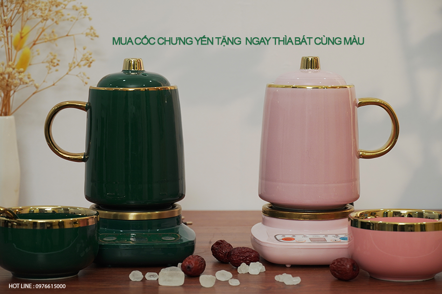 Cốc chưng yến hai màu Xanh cổ vịt và Hồng ngọc